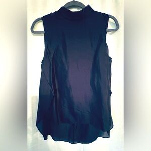 Theory Navy Silk Hi-Lo Mock T-Neck Blouse